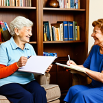 Interview in a Cozy Setting**

"A friendly interviewer with a warm smile sits across from a senior citizen in a comfortable living room. The interviewer is holding a notepad and pen, actively listening. The senior is gesturing with their hands as they tell a story. Bookshelves and family photos adorn the background. Fully clothed, appropriate attire, safe for work, perfect anatomy, natural proportions, professional, modest, family-friendly."

**