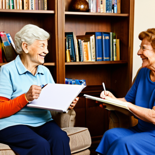 Home 7 Interview in a Cozy Setting**
"A friendly interviewer with a warm smile sits across from a senior citizen in a comfortable living room. The interviewer is holding a notepad and pen, actively listening. The senior is gesturing with their hands as they tell a story. Bookshelves and family photos adorn the background. Fully clothed, appropriate attire, safe for work, perfect anatomy, natural proportions, professional, modest, family-friendly."
**