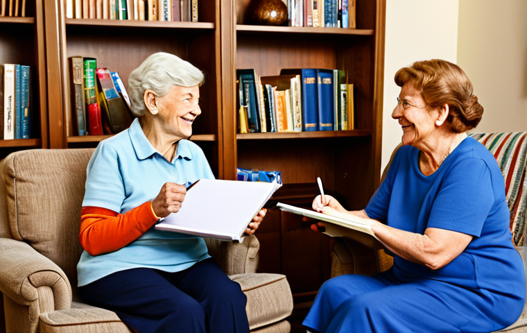 Interview in a Cozy Setting**
"A friendly interviewer with a warm smile sits across from a senior citizen in a comfortable living room. The interviewer is holding a notepad and pen, actively listening. The senior is gesturing with their hands as they tell a story. Bookshelves and family photos adorn the background. Fully clothed, appropriate attire, safe for work, perfect anatomy, natural proportions, professional, modest, family-friendly."
**