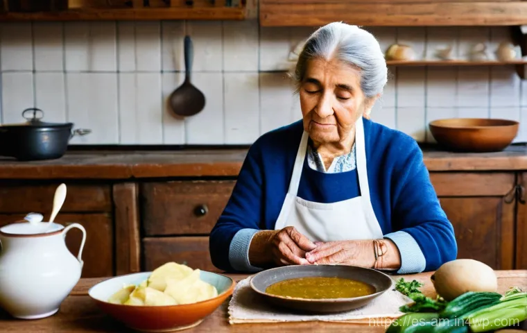 음식 문화 구술사 데이터 정리 방법 - **Prompt:** A heartwarming scene in a rustic Spanish kitchen, filled with natural light. An elderly ...