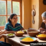 Home 21 구술사에서 발견되는 음식 관련 속담 - A warm, inviting family kitchen scene in a traditional Hispanic home during a shared meal. Multiple ...