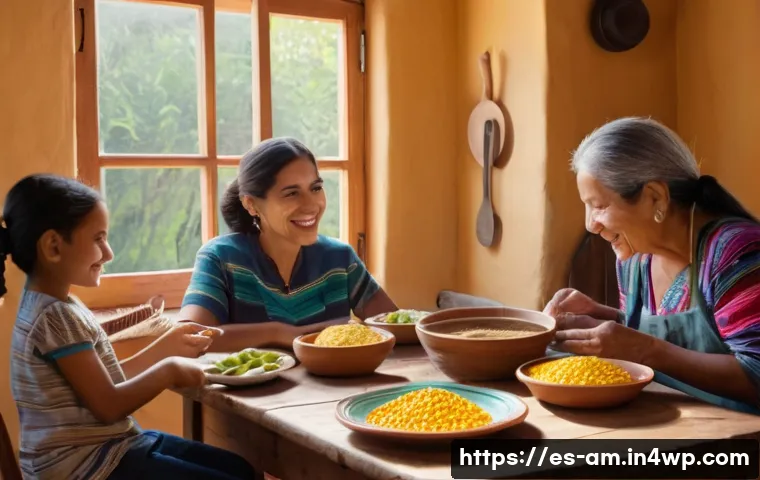 구술사에서 발견되는 음식 관련 속담 - A warm, inviting family kitchen scene in a traditional Hispanic home during a shared meal. Multiple ...
