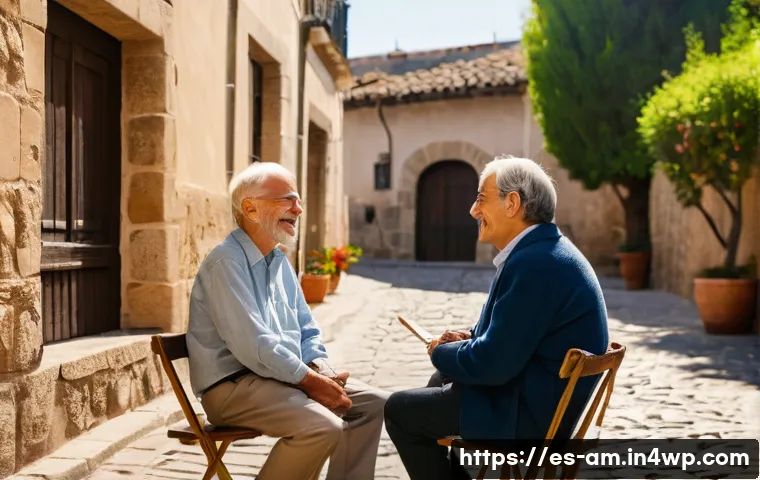 구술사 수집의 기회를 극대화하는 방법 - A warm and inviting interview setting in a traditional Spanish village, showing a middle-aged interv...