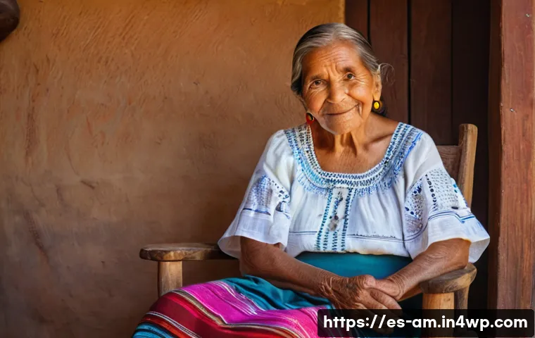 구술사 수집을 위한 문화적 접근 - A warm, intimate scene of an elderly indigenous woman in traditional Mexican clothing, sitting on a ...