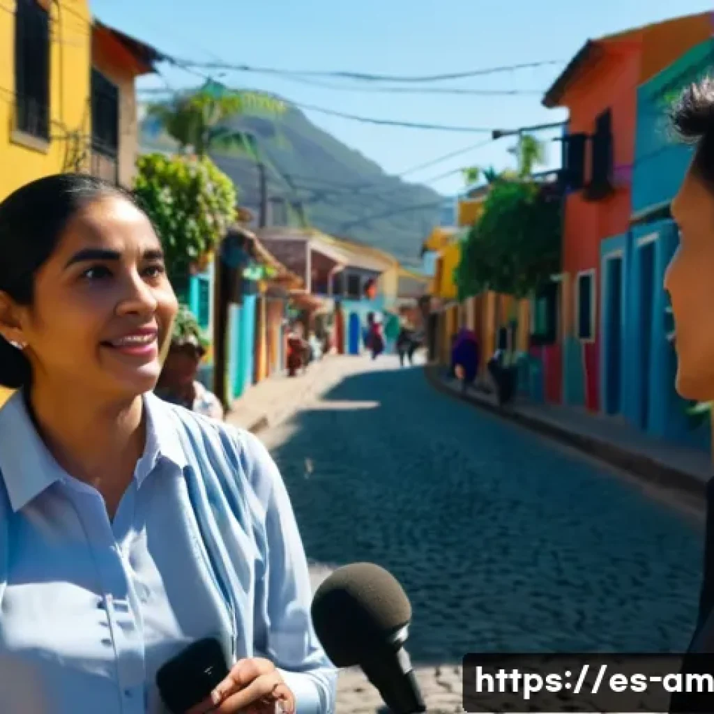 구술사 데이터의 수집과 저장 방법 - A professional outdoor oral history interview scene in a sunny Latin American village setting, featu...