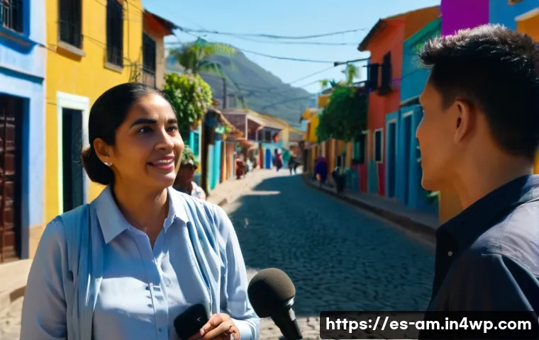 구술사 데이터의 수집과 저장 방법 - A professional outdoor oral history interview scene in a sunny Latin American village setting, featu...