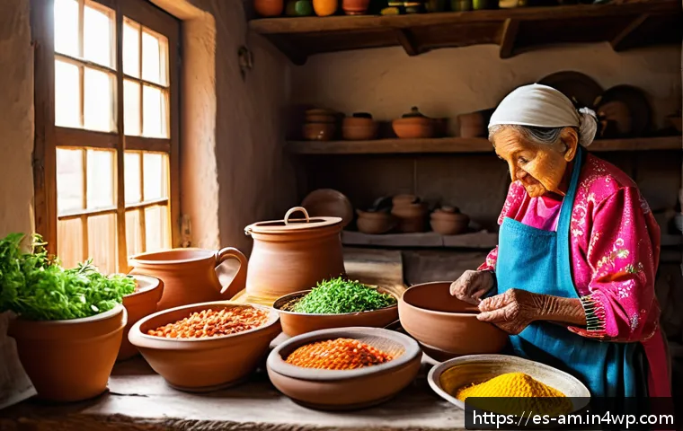 음식 문화 구술사 연구의 사례 발표 - A warm, intimate kitchen scene in a rural Mexican village with an elderly grandmother wearing tradit...