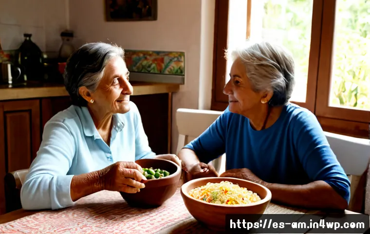구술사와 현대 사회의 음식 소비 경향 - Photorealistic documentary-style scene in a warm Spanish family kitchen, an elderly grandmother shar...